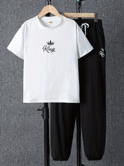 Cartoon Crown KING Print Boy's 2pcs T shirt & Drawstring Sweatpants Set