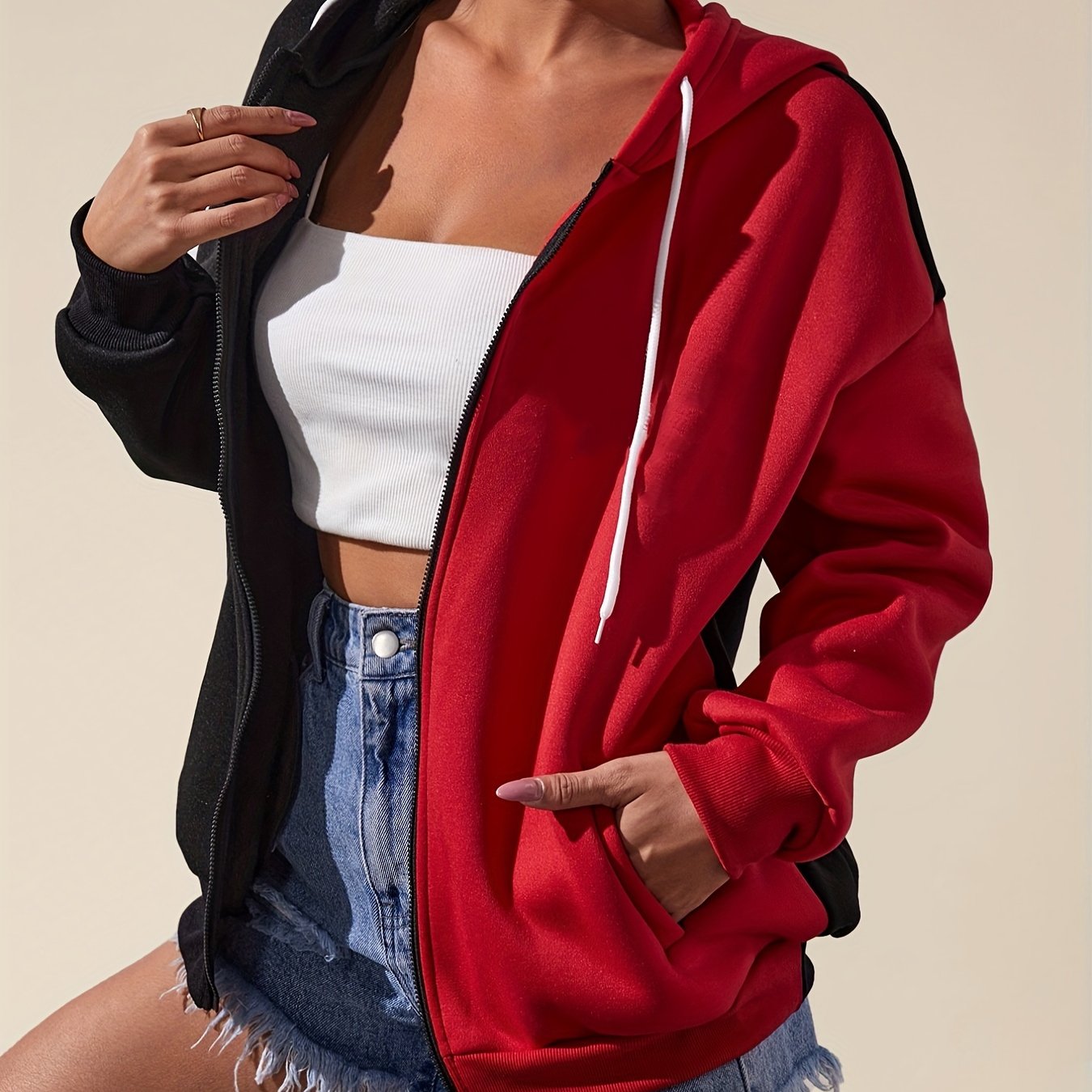 Block Zip Up Pocket Hoodie Casual Long Sleeve Drawstring Hoodies Sweatshirt