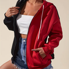 Block Zip Up Pocket Hoodie Casual Long Sleeve Drawstring Hoodies Sweatshirt