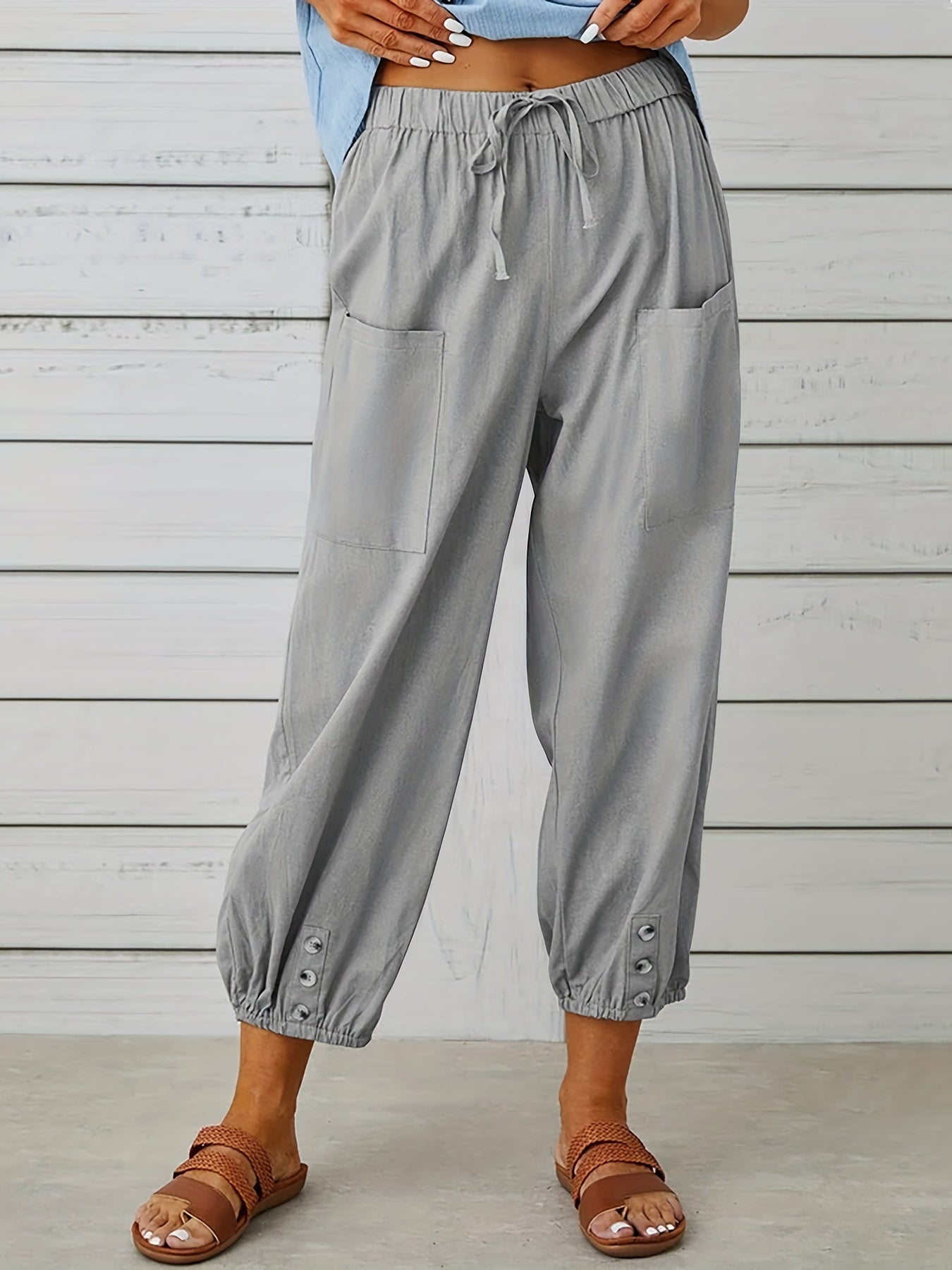 Cropped Pants Drawstring High Waist with Pockets