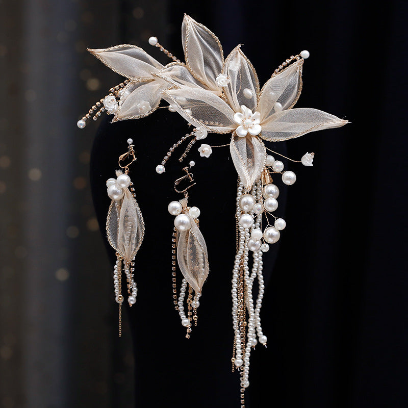 Faux Pearl Tassel Hairclip Earrings Set Wedding Party Decor