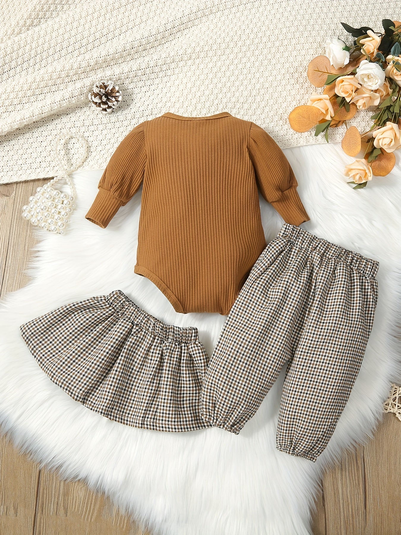 Baby Girls Stylish Puffy Sleeve Top & Houndstooth Skirt Set