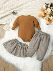 Baby Girls Stylish Puffy Sleeve Top & Houndstooth Skirt Set