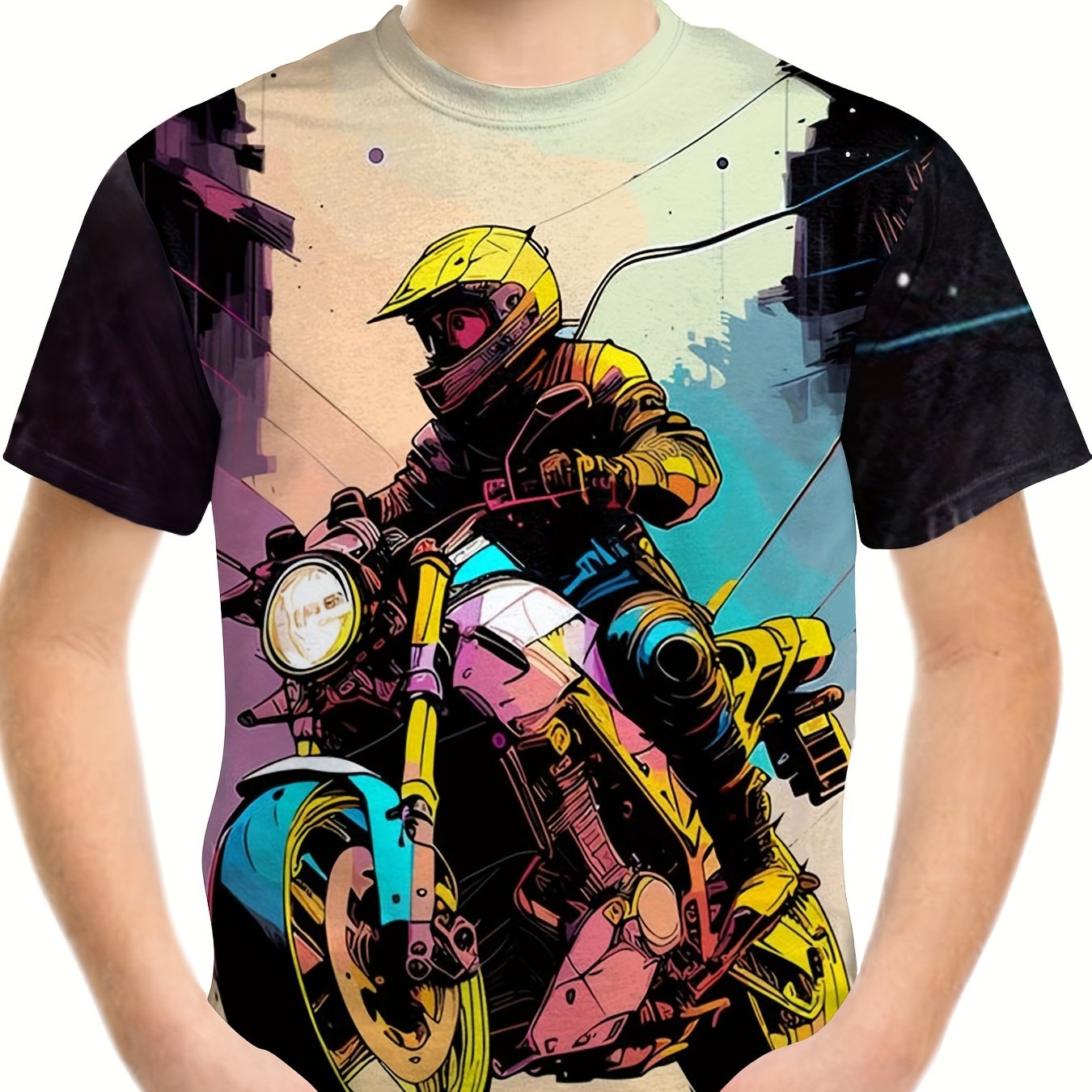 Motorcycle Rider Graffiti Print Tee Boys Short Sleeve T-shirt
