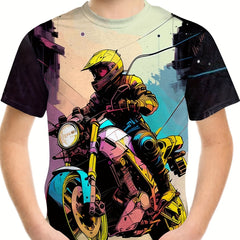 Motorcycle Rider Graffiti Print Tee Boys Short Sleeve T-shirt