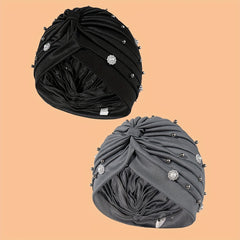 2pcs Faux Pearl Flower Turban Cap Head Scarf Chemo Hat
