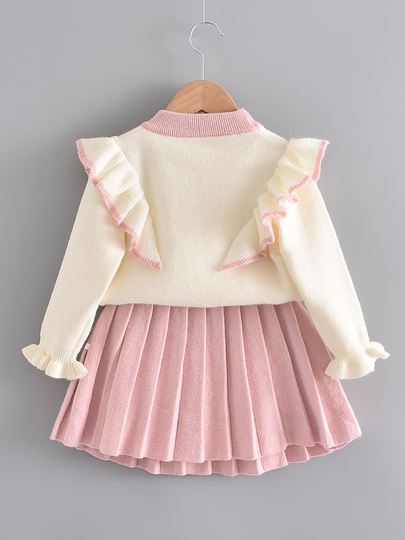 Girl's Ruffle Sweater & Pleated Skirt Set Bow Decor Casual Outfits