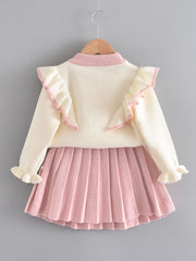 Girl's Ruffle Sweater & Pleated Skirt Set Bow Decor Casual Outfits