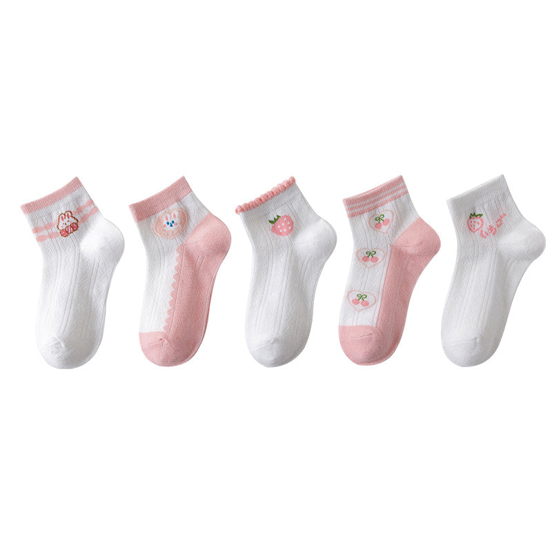5 Pairs Girls Casual Rabbit Strawberry Print Socks for Summer and Spring