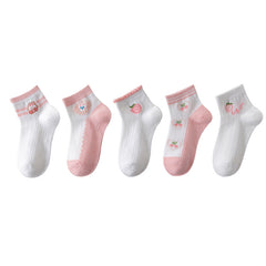 5 Pairs Girls Casual Rabbit Strawberry Print Socks for Summer and Spring