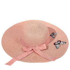 Pink Butterfly Embroidery Sun Hat Wide Brim Straw Beach Hat