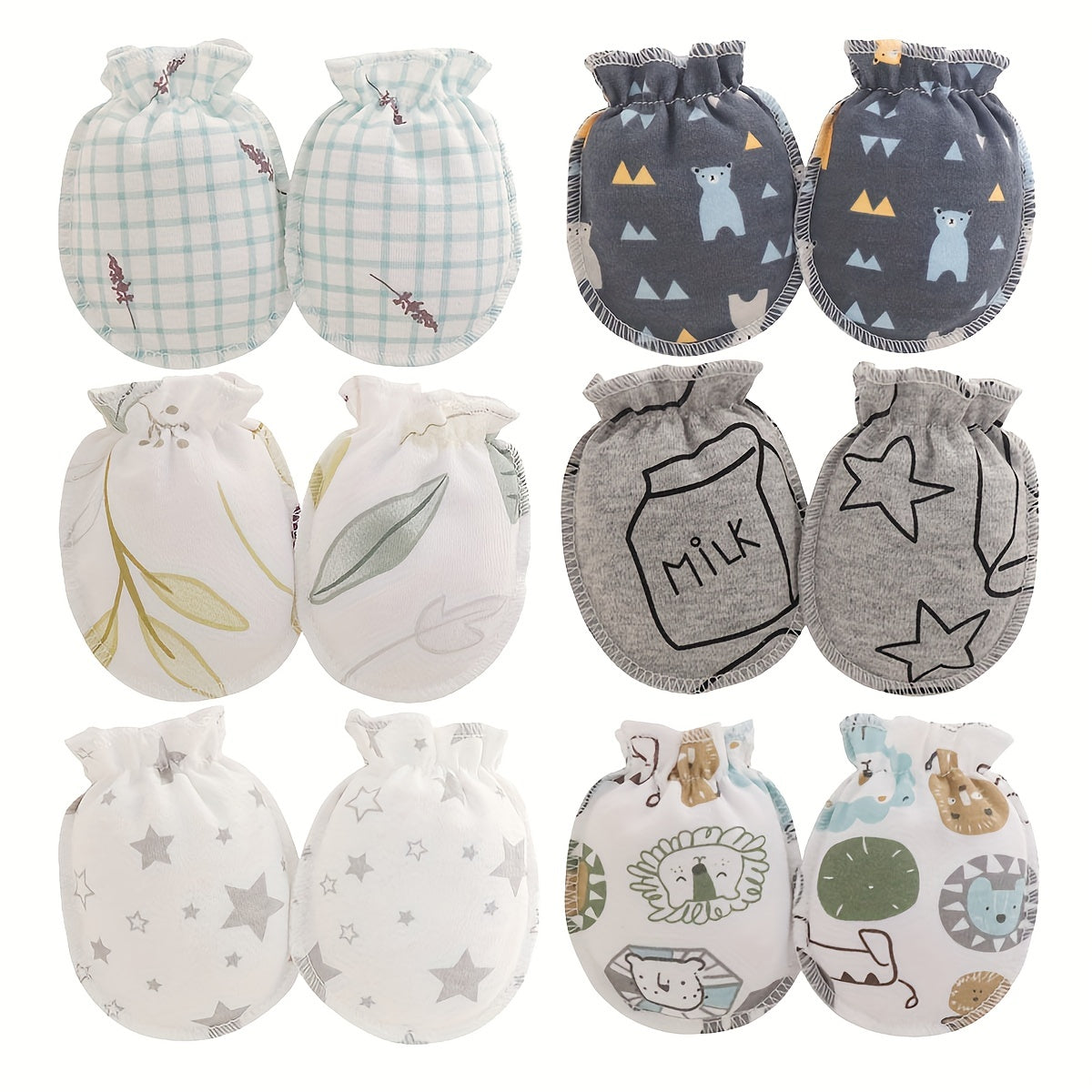 6pairs Newborn Infant Cartoon Animal Stars Graphic Breathable Mittens
