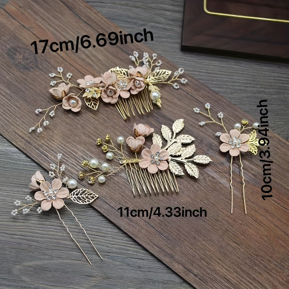 4pcs Flower Hairpin Faux Pearl Rhinestone U Shaped Hair Pin Hair Accessories