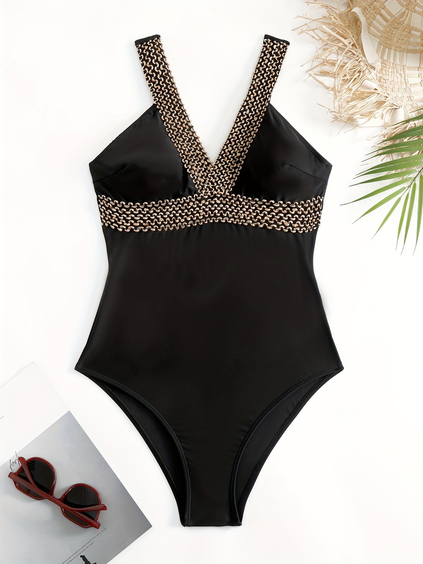 V Neck One Piece Swimsuit Contrast Band Backless High Cut Bathing Suit