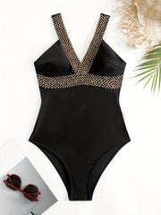 V Neck One Piece Swimsuit Contrast Band Backless High Cut Bathing Suit
