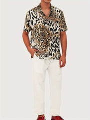 Men's Leopard Print Camp Collar Bowling Shirt Short Sleejsons Disco Closure