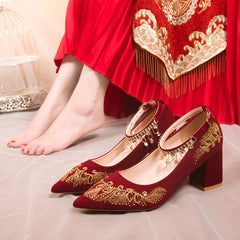 Embroidered Wedding Shoes Chunky Heel Tassel Ankle Strap Dress Shoes