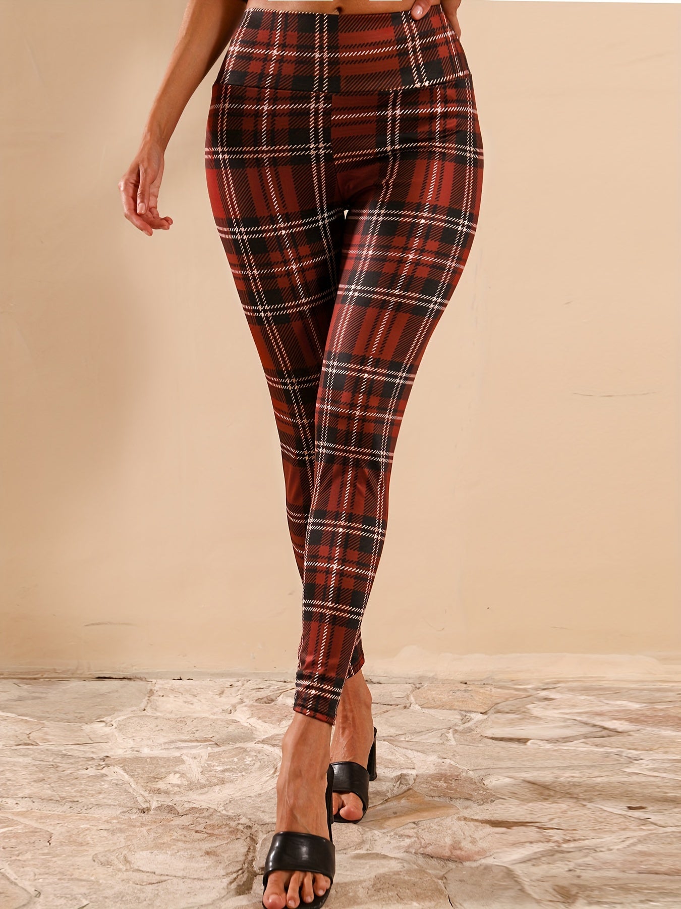 Plaid Print Yoga Leggings Slim Fit Stretchy Activewear