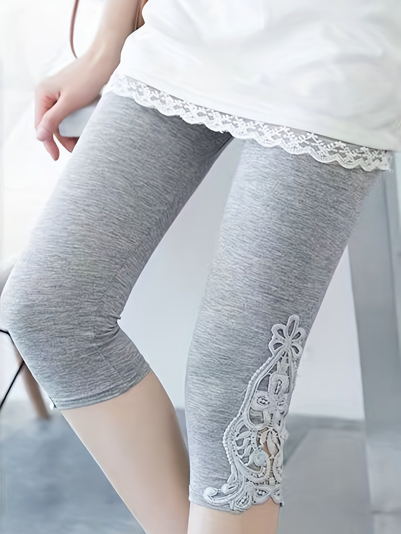 Lace Stitching Skinny Capris Leggings Women's Clothing