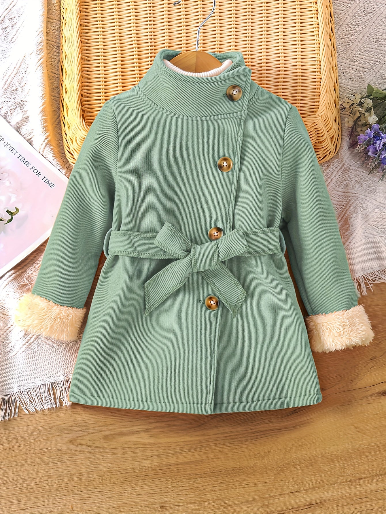 Baby Girls Solid High Neck Fleece Coat With Belt Kids Winter Jacket