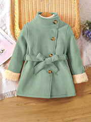 Baby Girls Solid High Neck Fleece Coat With Belt Kids Winter Jacket