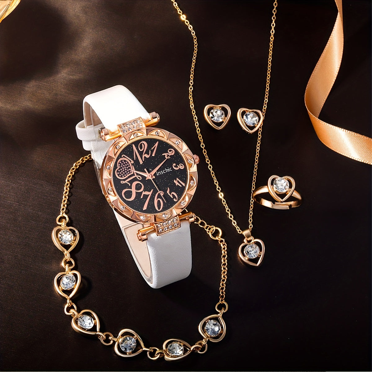 1pc Student Digital Rhinestone Quartz Watch & 5pcs Children's Jewelry Set