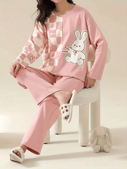 Bunny Print Pajama Set Long Sleeve Top & Pants Women's Sleepwear