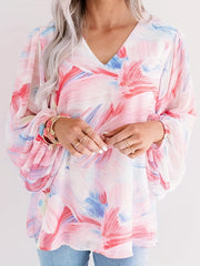 Blouse Women's Brush Print V Neck Top