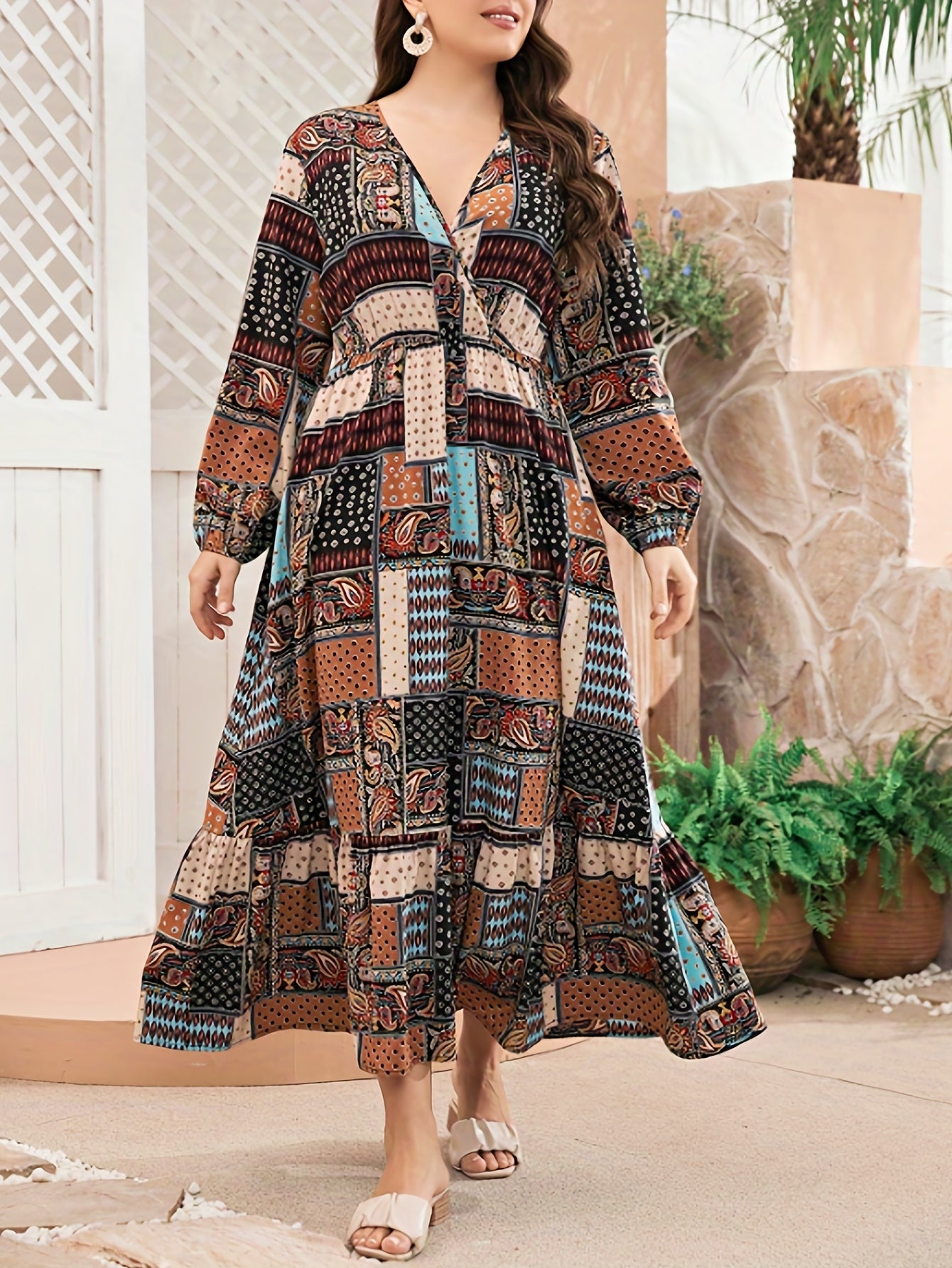 Boho Abaya Dress Paisley & Scarf Print Smock Maxi Jalabiya