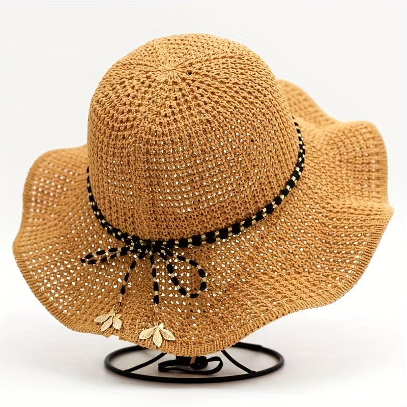 Ruffles Hollow Out Sun Hat Solid Floppy Bucket Hat Bowknot Decor Crochet