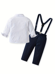 2pcs Boys Gentleman Outfits Short Sleeve Bowtie Long Sleeve Shirt&Suspender Kids