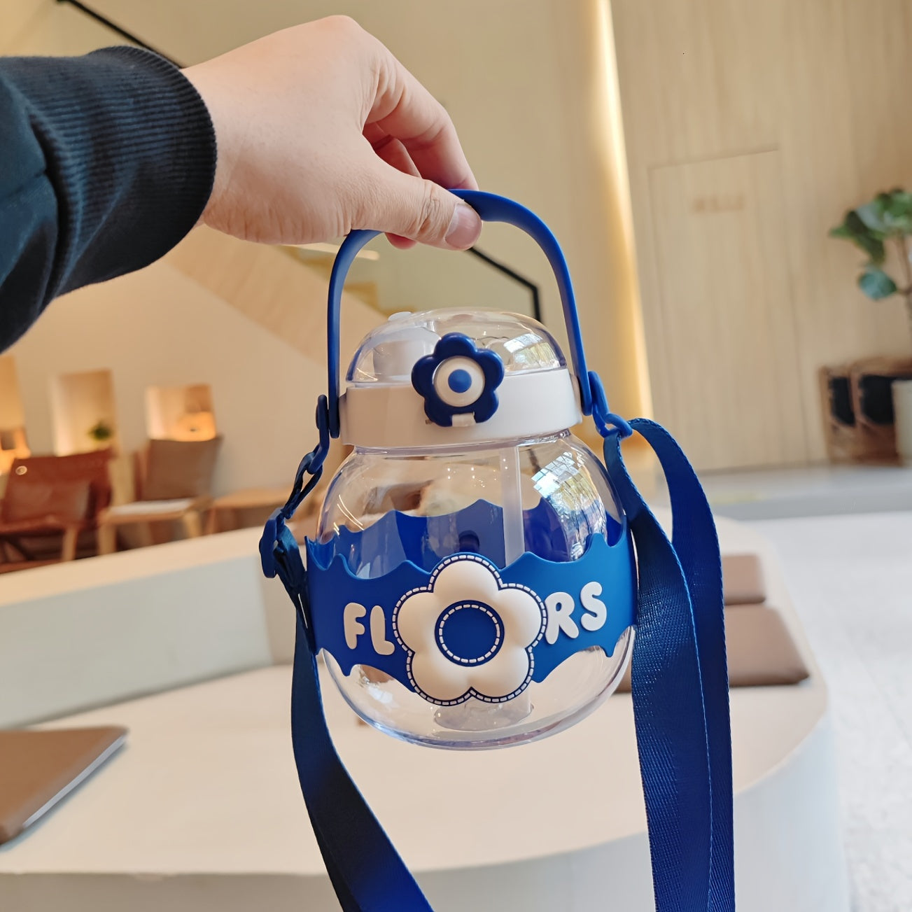 1100ml Big Belly Cup With Straw Cartoon Flower Handle Water Bottle
