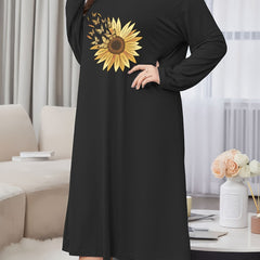 Sunflower & Butterfly Print Lounge Dress Long Sleeve Stretch Nightdre