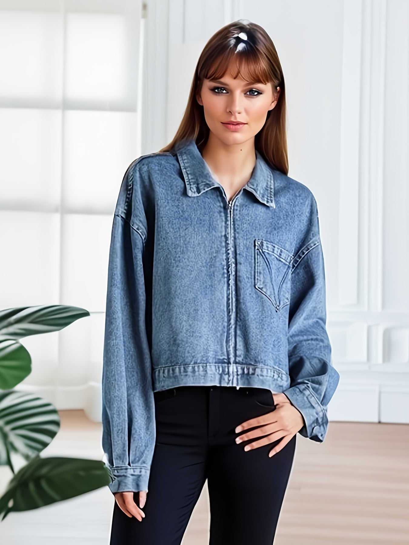 Long Sleeves Denim Jackets Zip Front Coats Women's Denim Clothing