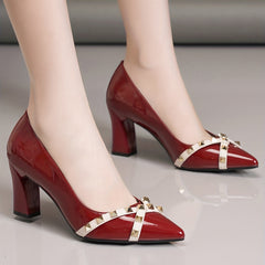 Studded Decor Chunky Heels Cross Strap Pointed Toe Pumps