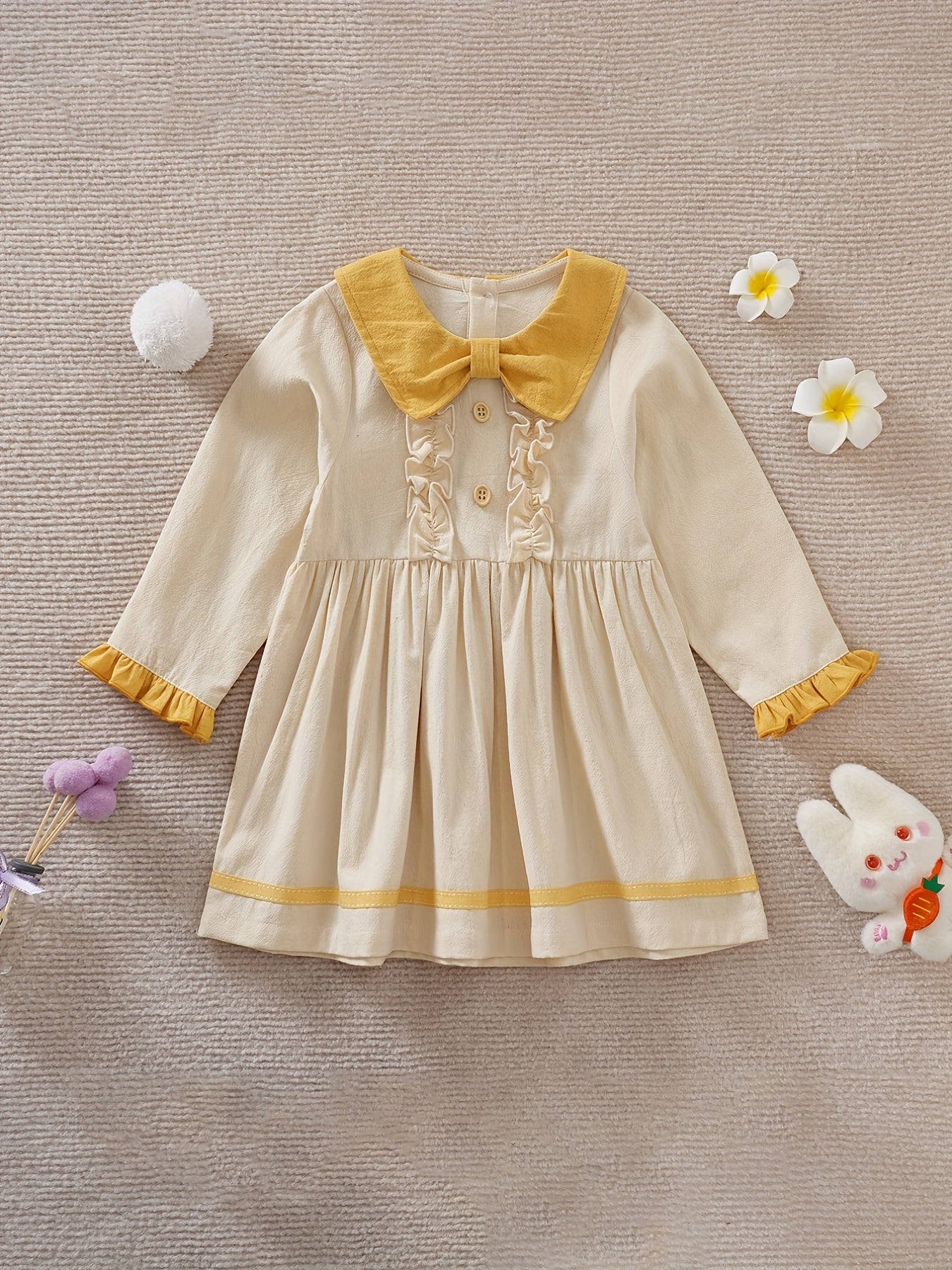 Ruffle Trim Long Sleeve Baby Girls Pleated Dress