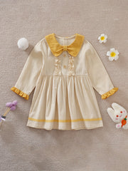 Ruffle Trim Long Sleeve Baby Girls Pleated Dress