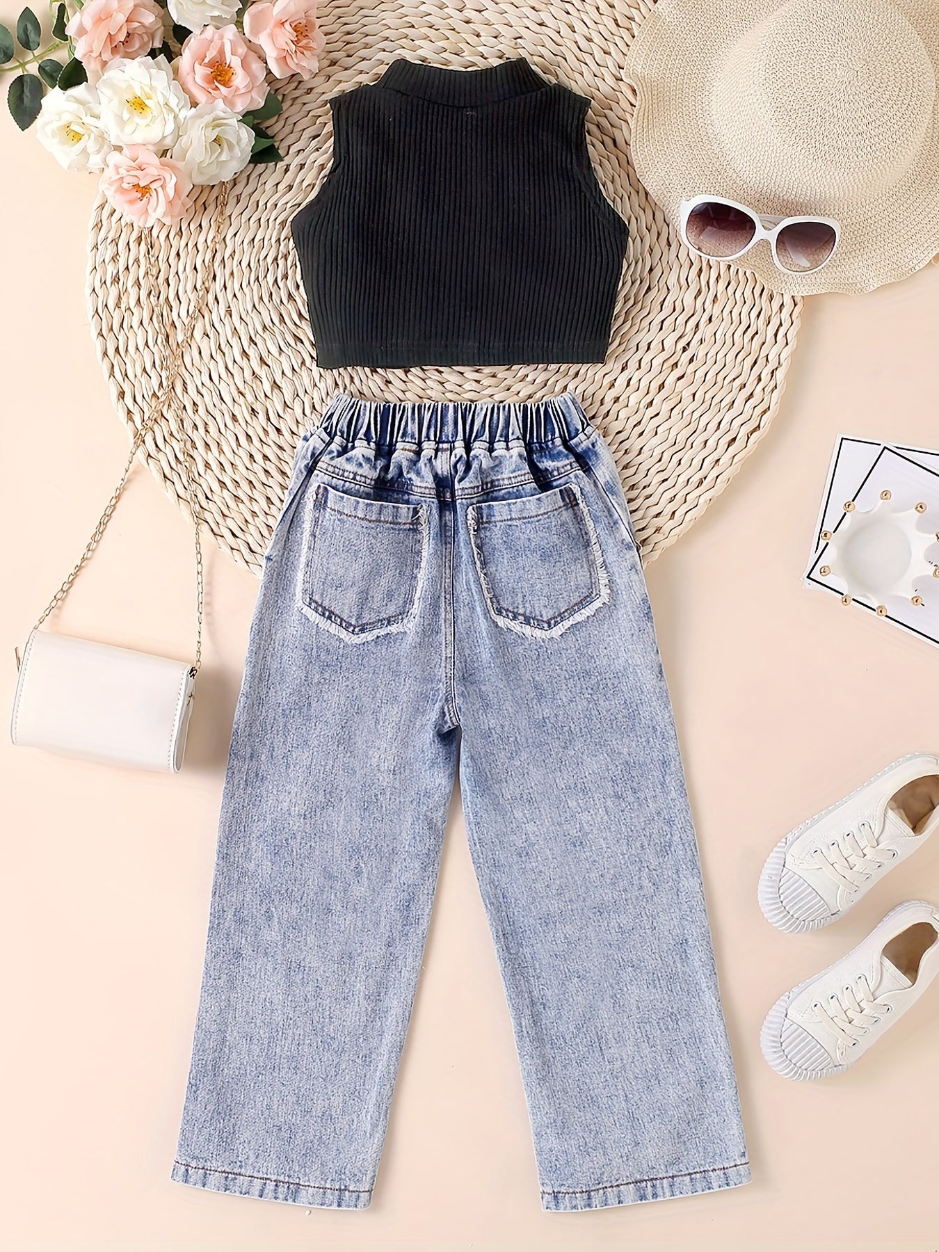 2pcs Girl's Mock Neck Crop Top Ripped Denim Suit