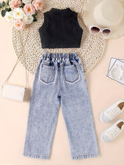 2pcs Girl's Mock Neck Crop Top Ripped Denim Suit