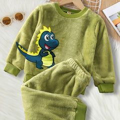 Kid's 2pcs Dino Flannel Pajamas Set Long Sleeve Top & Pants Warm Fleece PJ