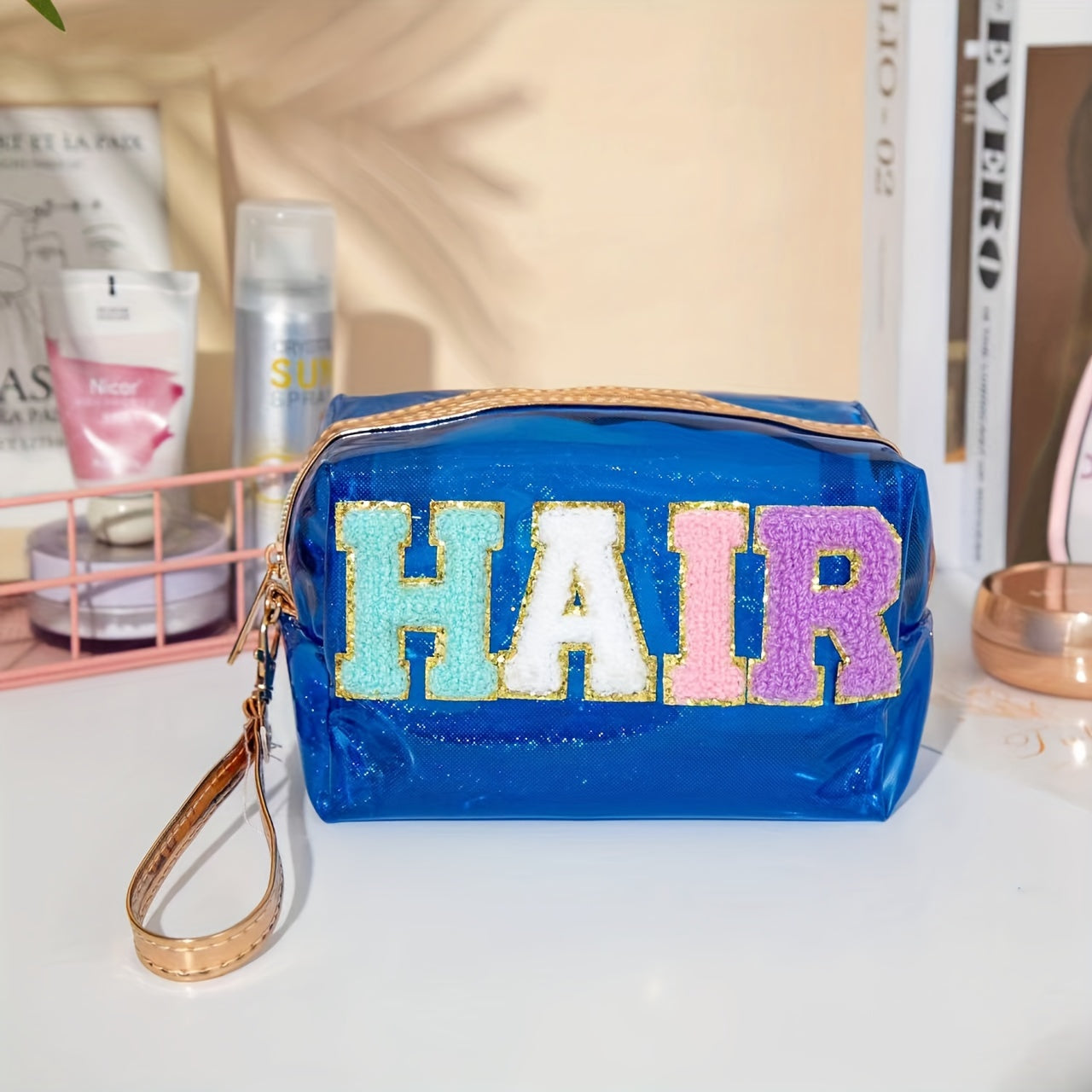 Preppy Makeup Bag Organizer With Embroidery Letter Patch