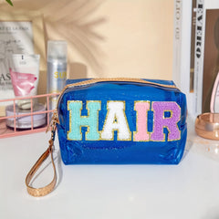 Preppy Makeup Bag Organizer With Embroidery Letter Patch