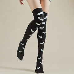 Bat Print Thigh High Socks Halloween Funny Over The Knee Socks Women's Stockings