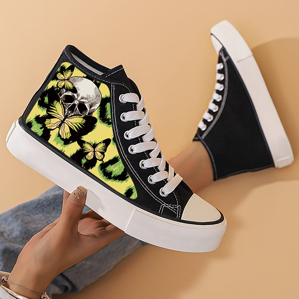 Girls High Top Skull & Flower Skate Shoes Non Slip Lace Up Sneakers