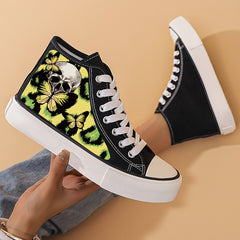 Skull & Butterfly Print Canvas Sneakers Lace Up Skate Shoes