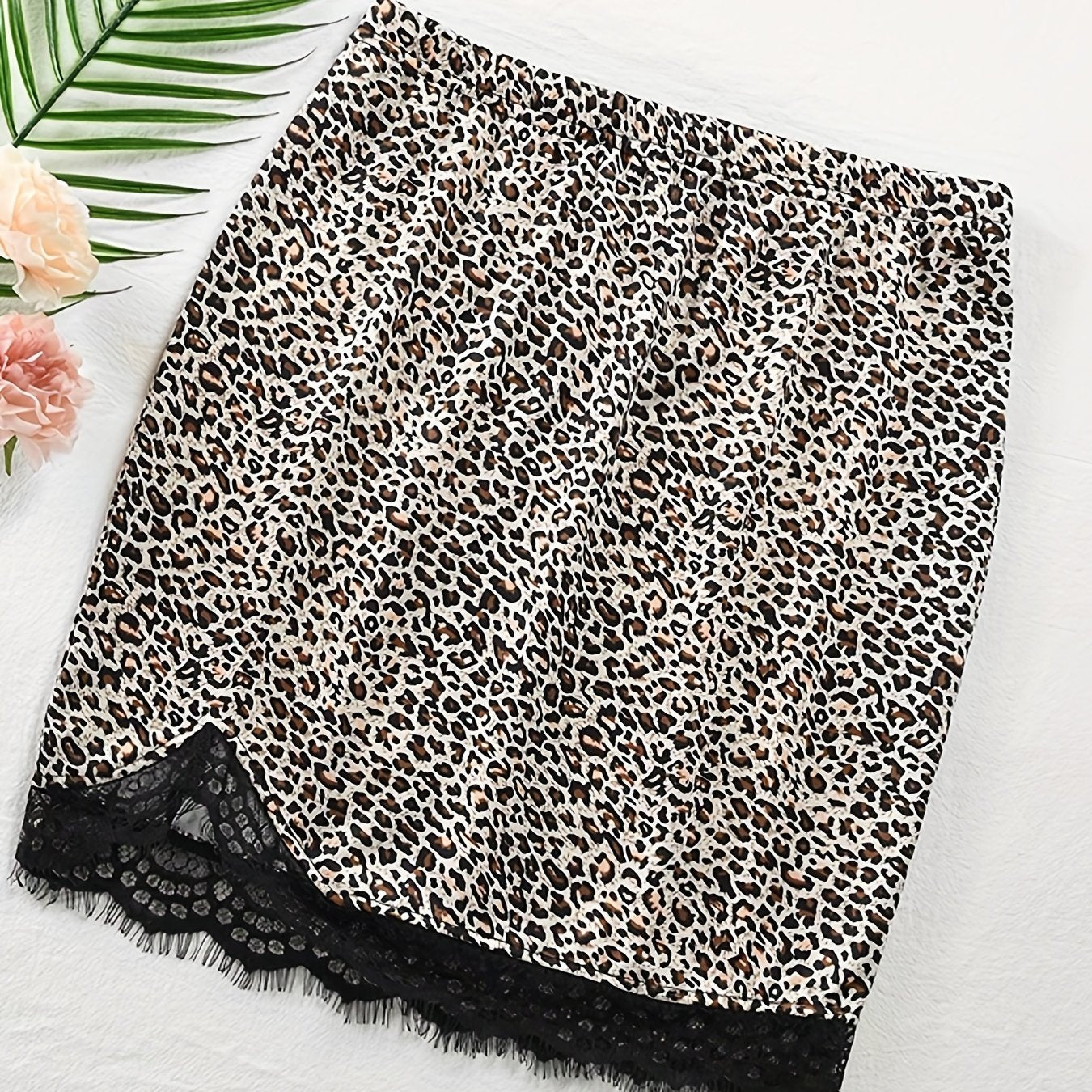Leopard Print Lace Trim Skirt Elastic Waist Spring Summer Clothing