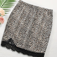 Leopard Print Lace Trim Skirt Elastic Waist Spring Summer Clothing