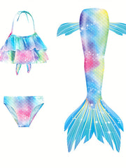 Girl's Mermaid Swimsuit 3pcs Fish Scale Pattern Bikini Set & Mermaid Tail