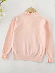 Girls Bow Front Flounce Cuffs Long Sleeve Sweater Top