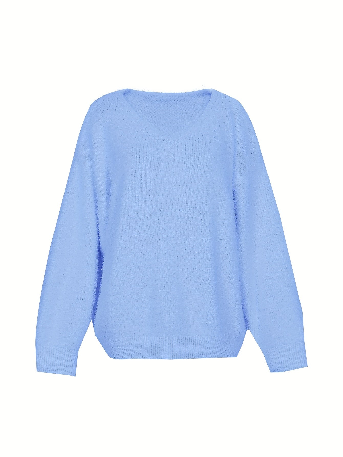 Solid Eyelash Long Sleeve V Neck Sweater